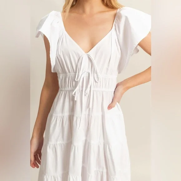 NEW HYFVE White Flutter Sleeve Tiered Cotton Maxi Dress Size Medium - Picture 2 of 7